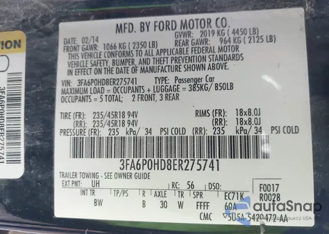 2014 Ford Fusion Se z USA, uszkodzony, nr VIN 3FA6P0HD8ER275741